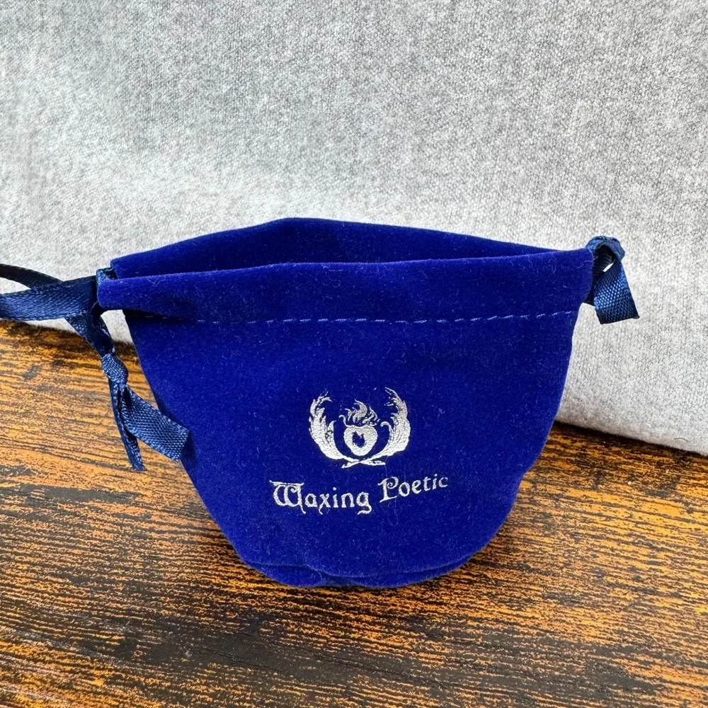 Waxing Poetic Drawstring Pouch Blue Velvet Jewelry Gift Bag Vintage Logo